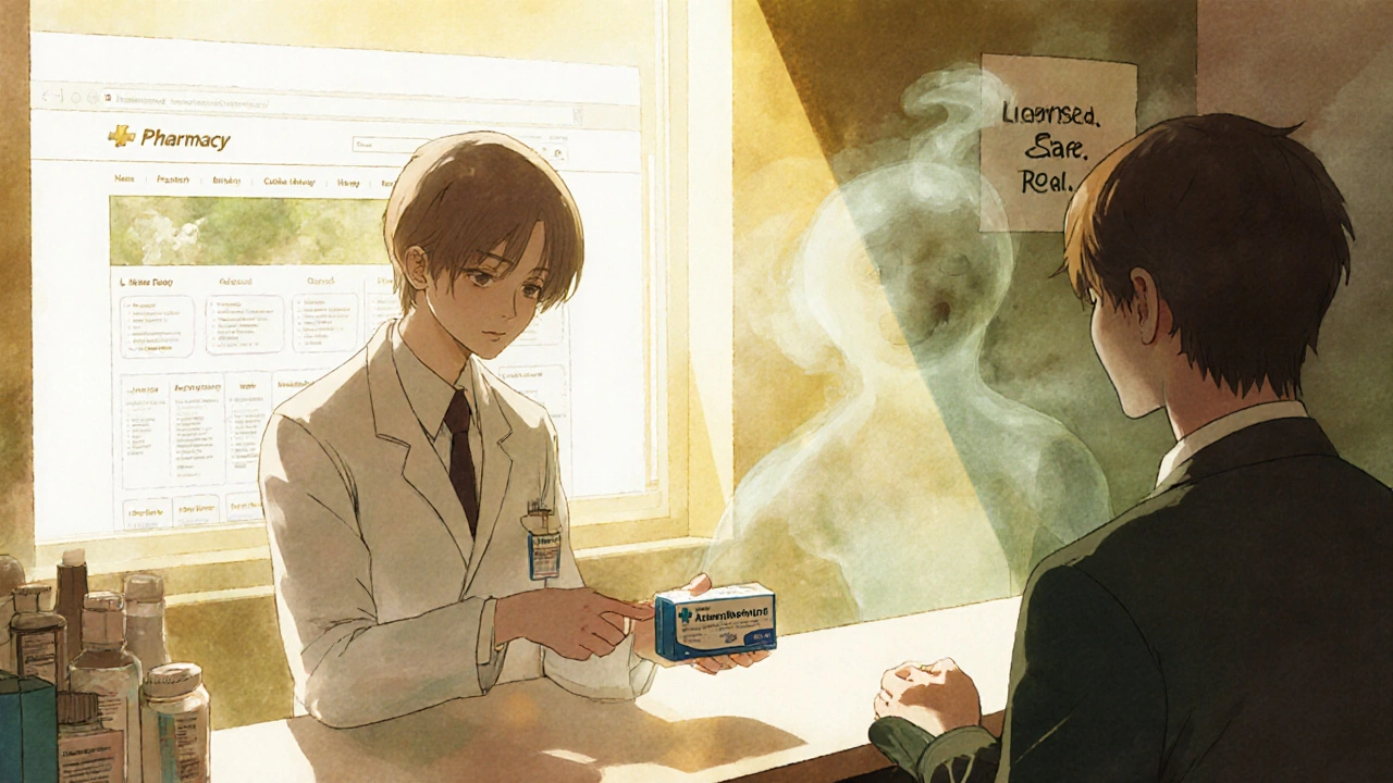 A pharmacist handing safe medication in a sunlit pharmacy, while a fake website fades into smoke.