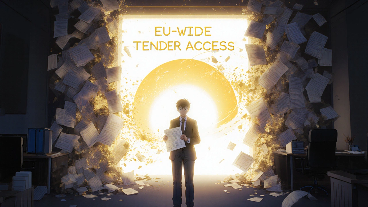 A small business owner holding a glowing digital ESPD form as bureaucratic paperwork dissolves into an EU access portal.