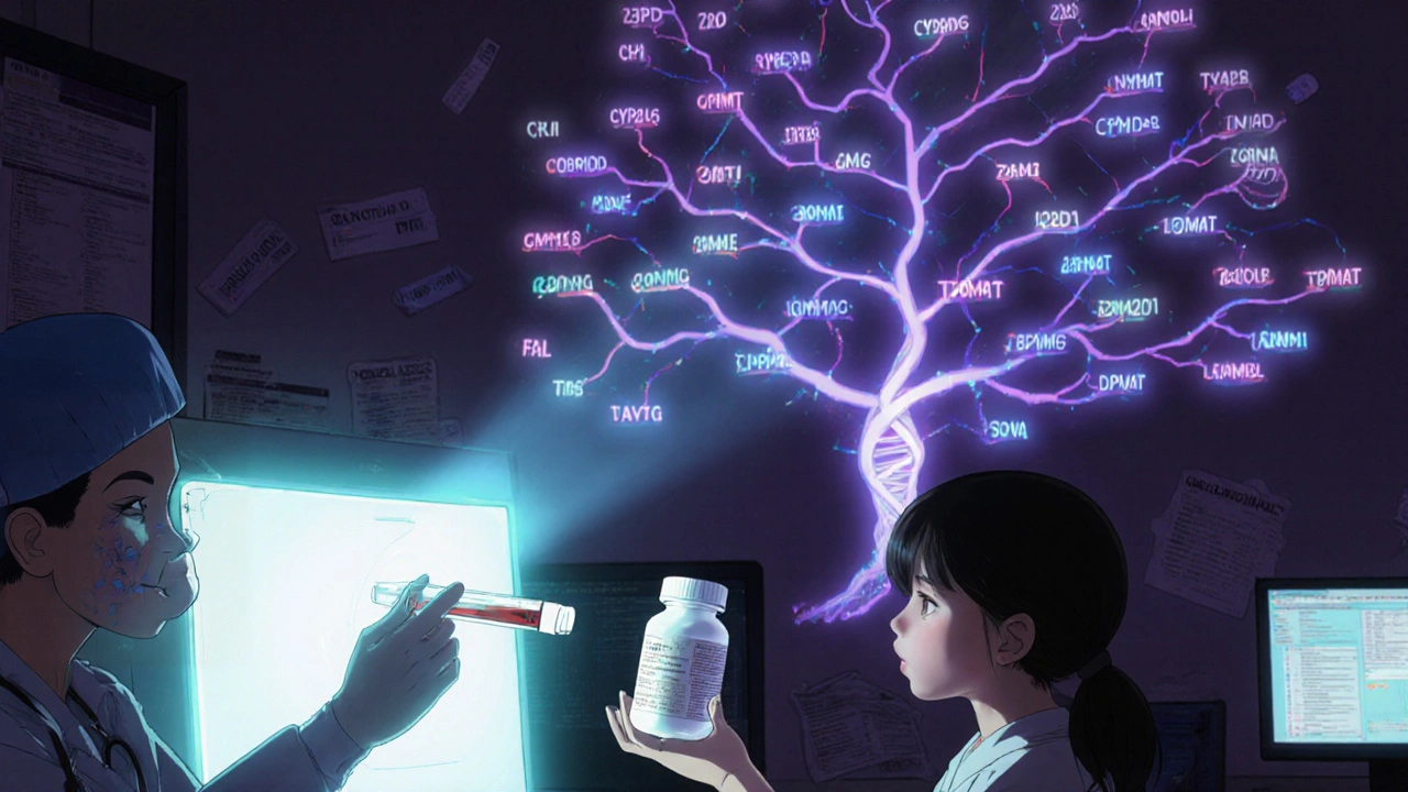 A technician in a lab with a family tree made of glowing gene variants projected on the wall behind them.