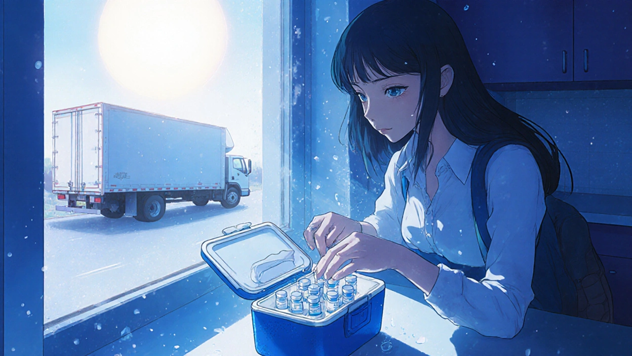 A woman packing insulin in a cooler with a cold pack, sunlight streaming through a kitchen window.