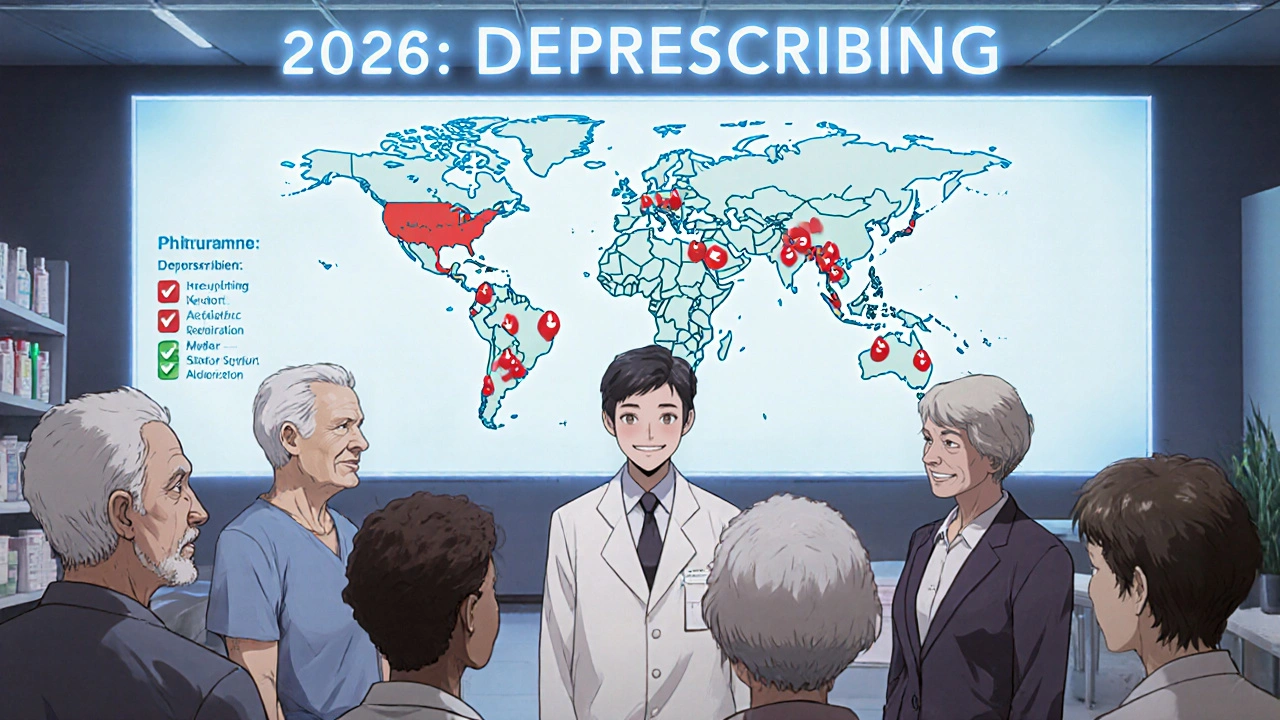 AI hologram shows medication reduction map for seniors in a future clinic, with green checks over removed drugs.