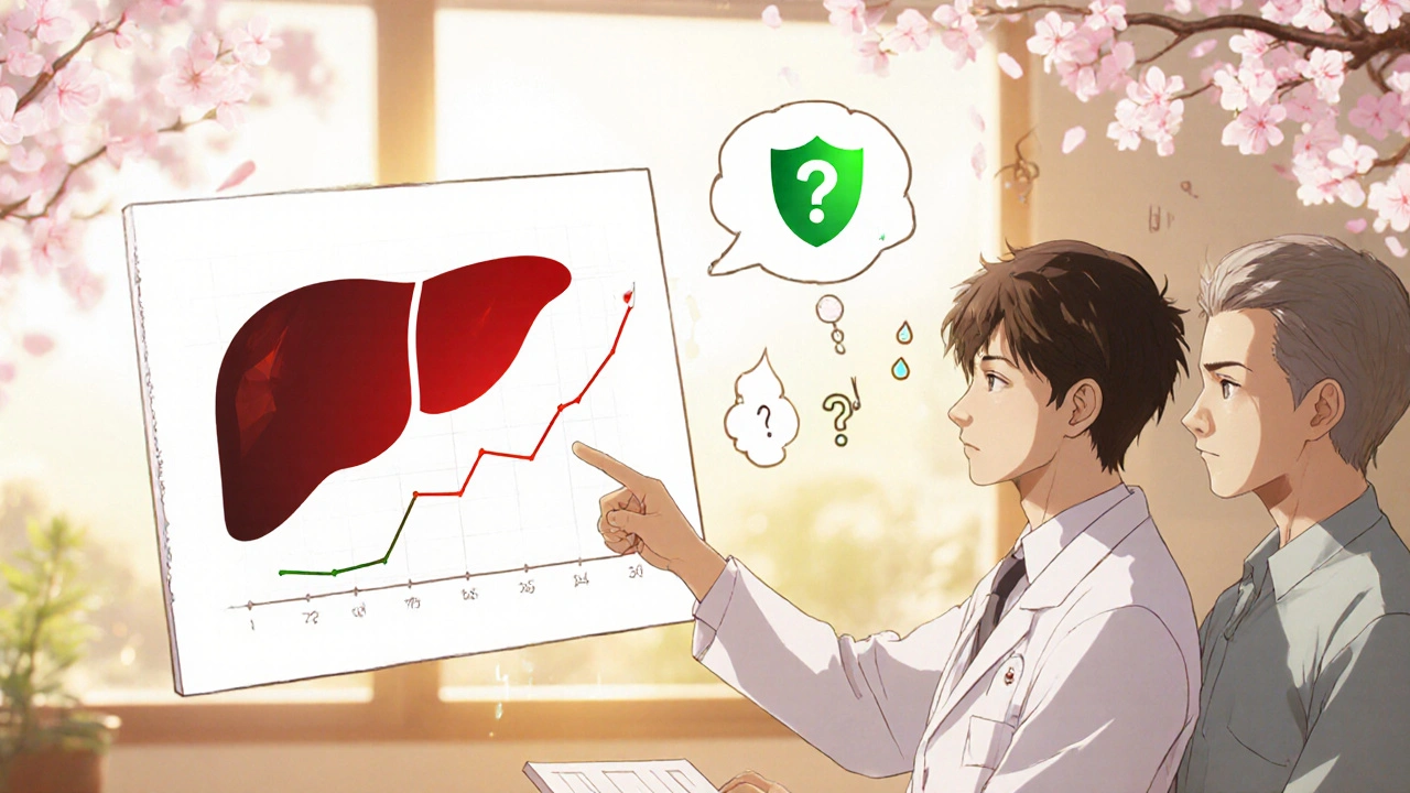 Doctor and patient reviewing a graph showing enzyme levels stabilizing, with a liver transforming into a protective shield.
