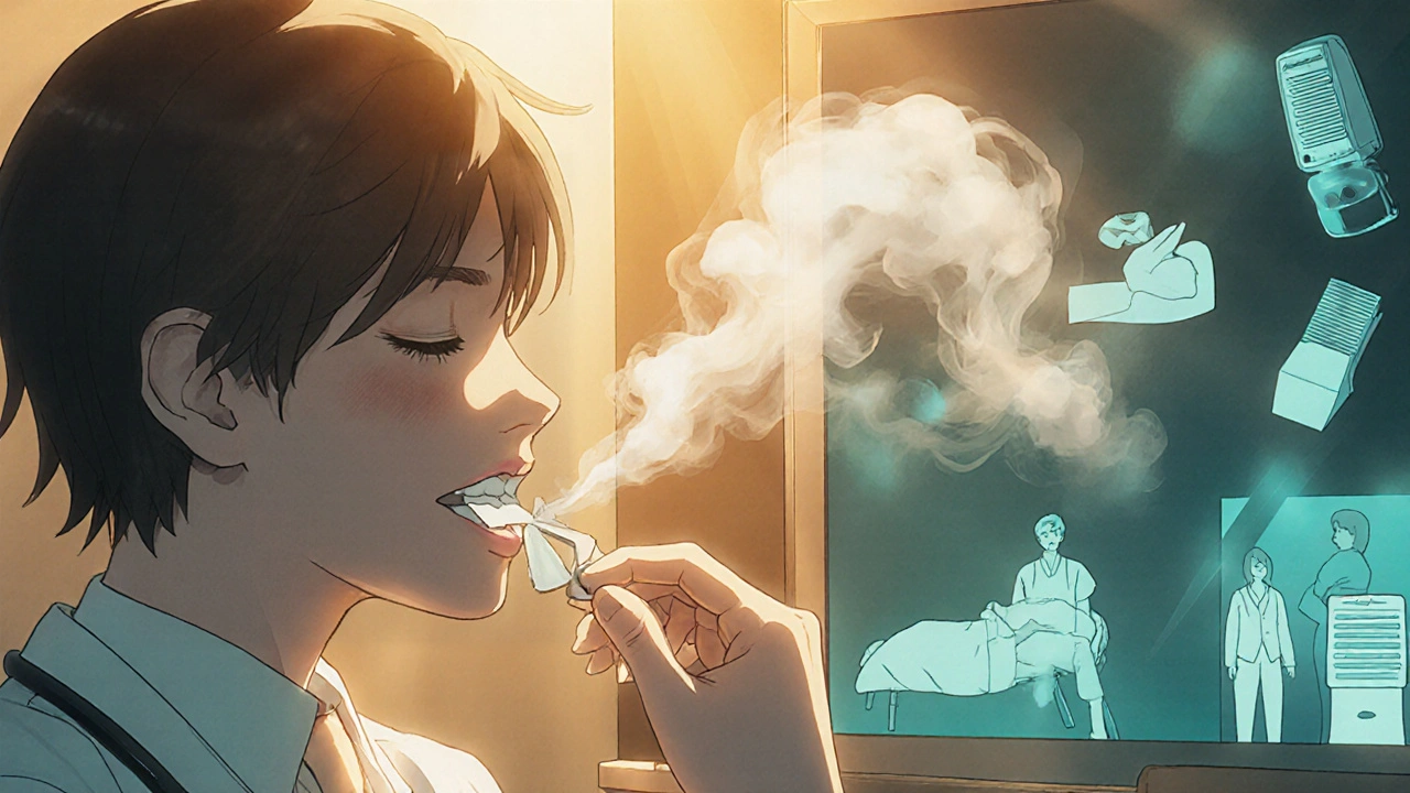 Doctor fits a sleep device as tape dissolves into smoke, replaced by safe sleep alternatives.