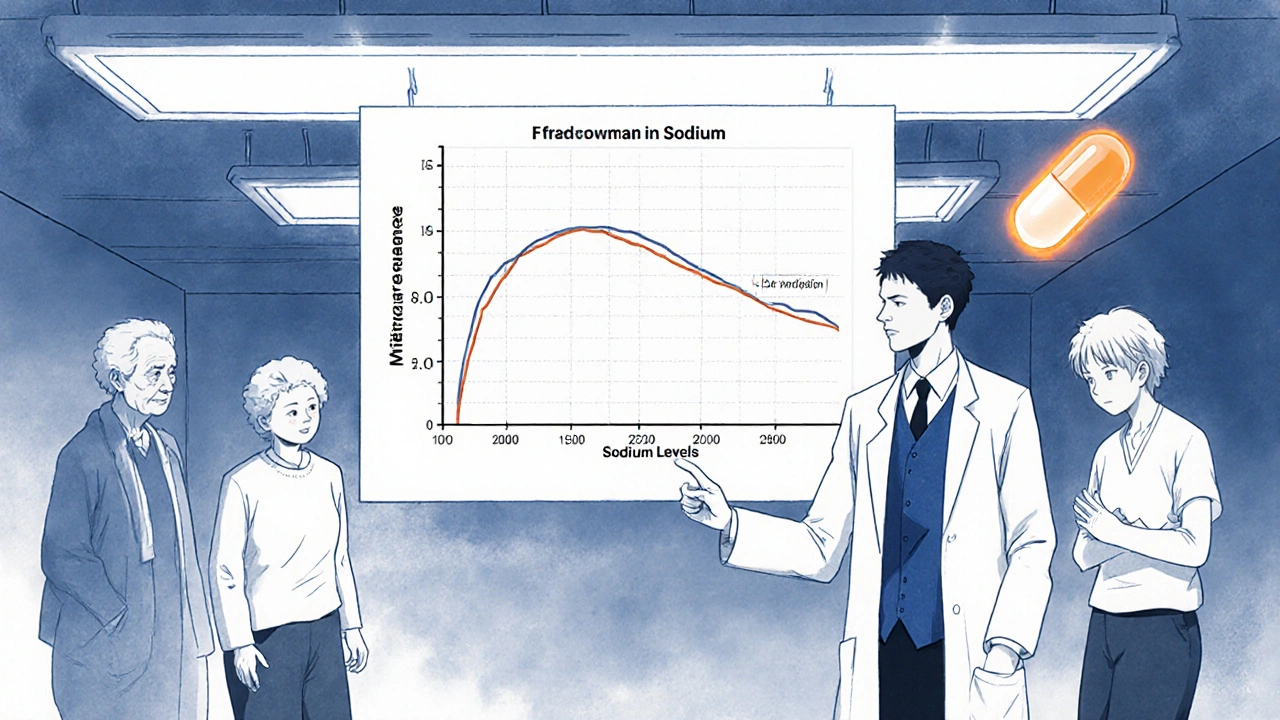 Doctor pointing at medical chart showing dropping sodium levels, with elderly patients displaying symptoms and mirtazapine pill glowing nearby.