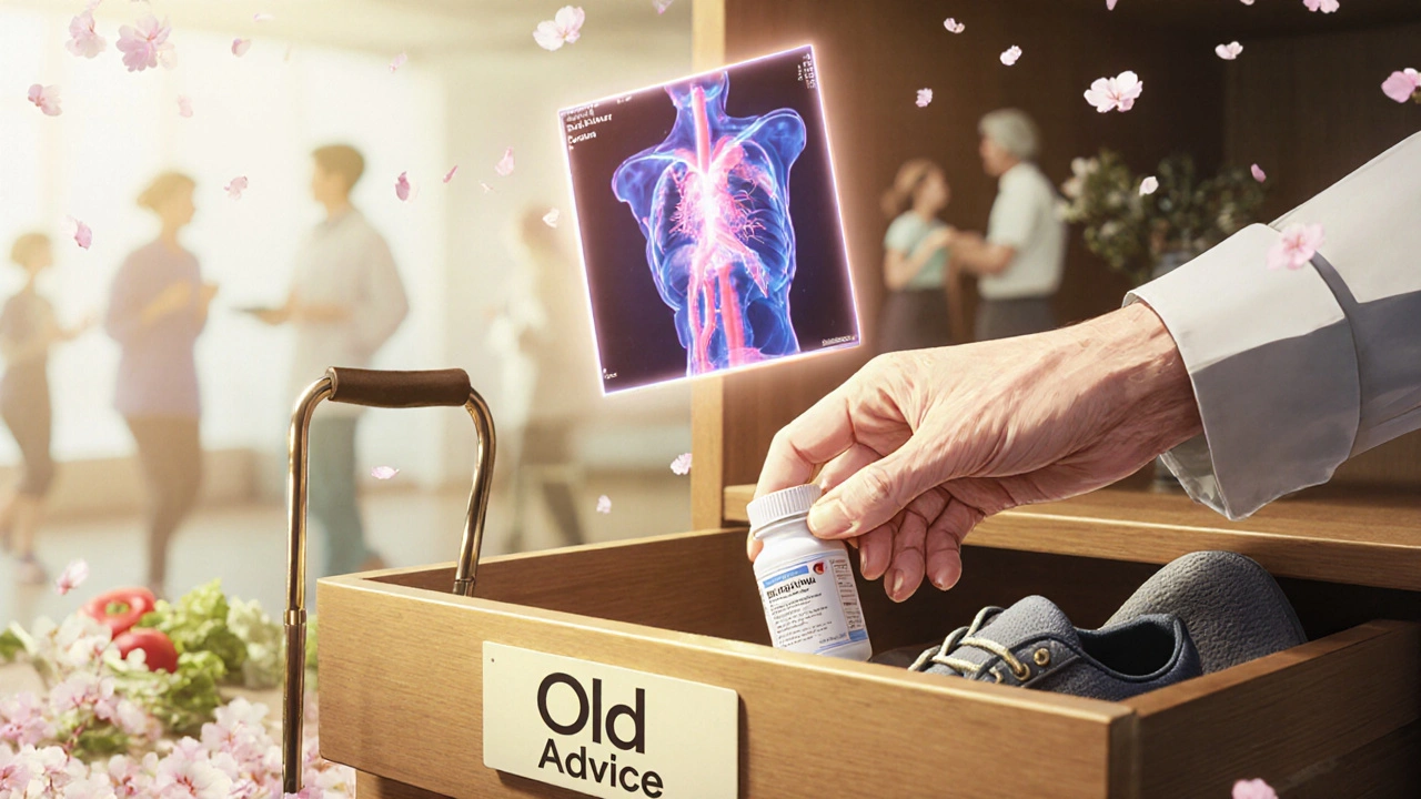 Elderly hand putting aspirin away as a coronary scan glows above, running shoes and cane beside it.