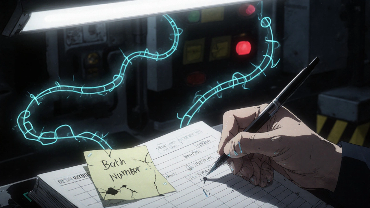 Hand writes in a paper logbook as digital audit trails rise from the page in a dimly lit manufacturing room.