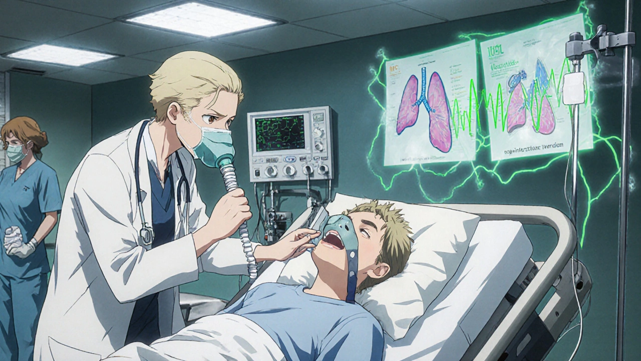 Hospital ER scene with COPD patient on gurney receiving nebulizer treatment and non-invasive ventilation.