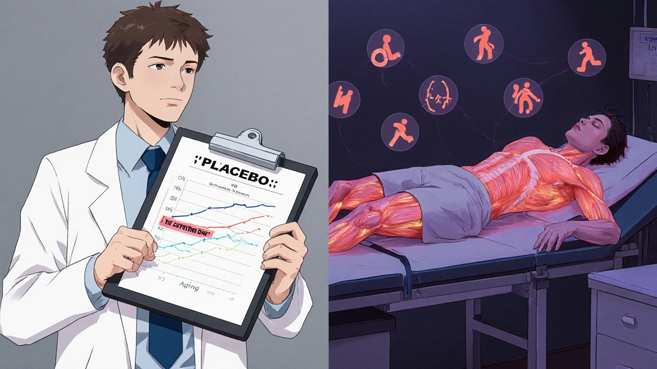 Medical split scene showing placebo vs statin data with glowing muscle fibers and abstract icons.