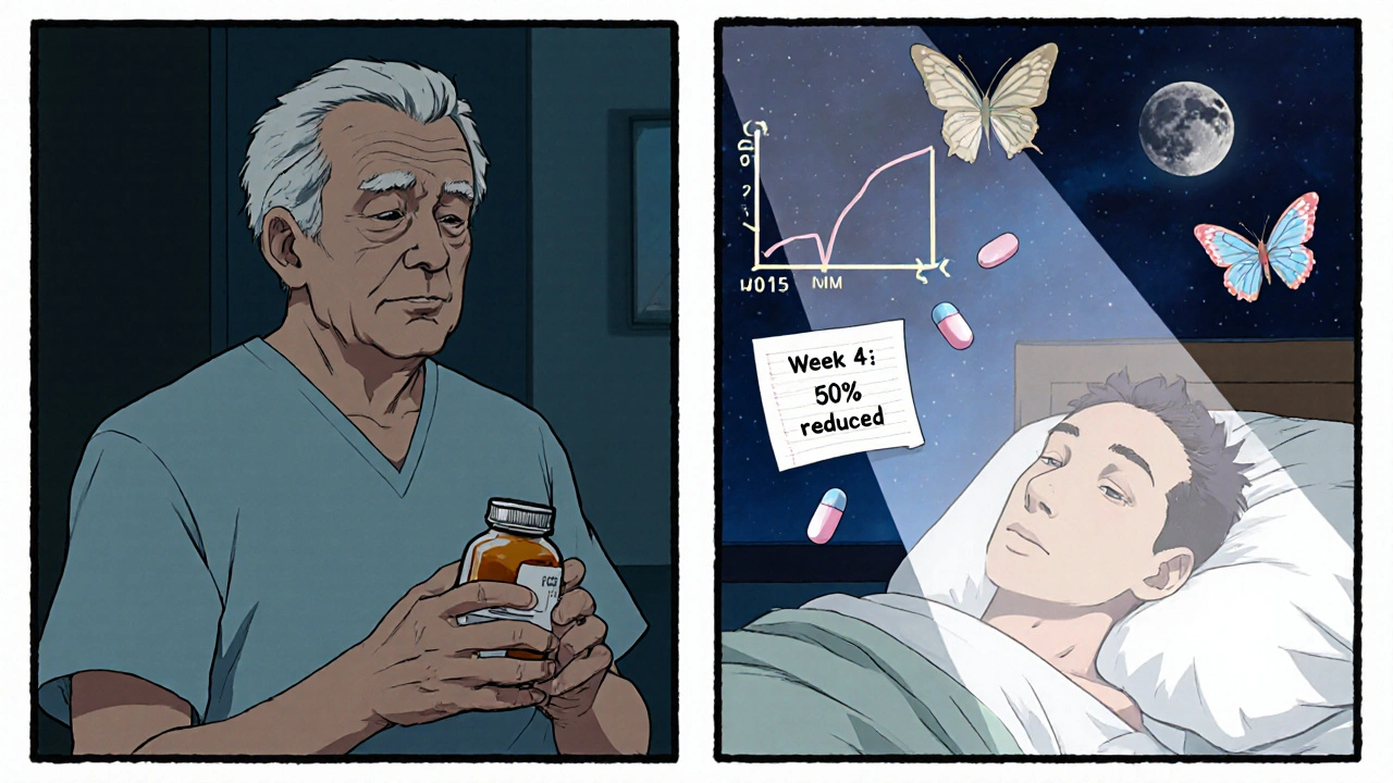 Older man transitioning from anxiety over pills to peaceful sleep, with tapering graph and floating butterflies.