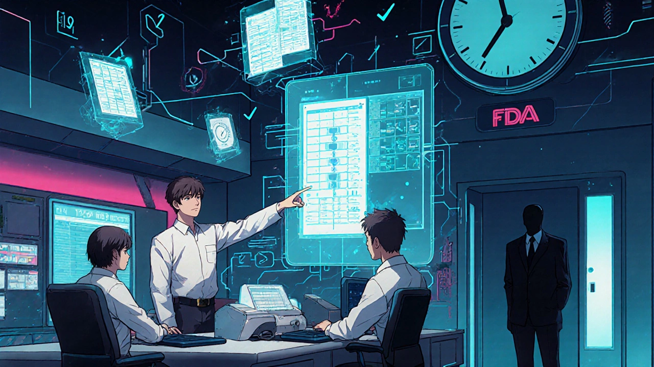 Operators monitor holographic batch records in a high-tech control room as an inspector watches silently.