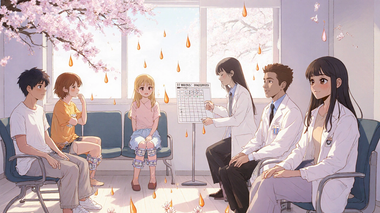 Patients in a clinic shed orange tears that bloom into flowers, symbolizing healing and hope.