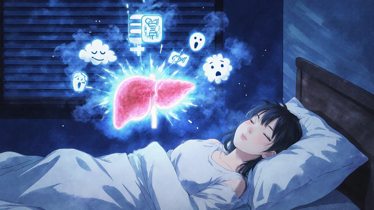 Sleeping patient with a glowing liver and fear symbols dissolving into microRNA markers under moonlight.
