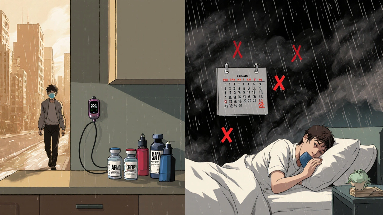 Split image: healthy COPD patient managing meds vs. same person in crisis surrounded by dark mucus clouds.