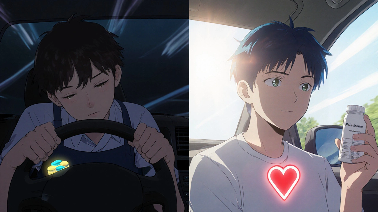 Split scene: a drowsy driver versus an alert driver, contrasting the effects of sedating versus non-sedating antiemetics.