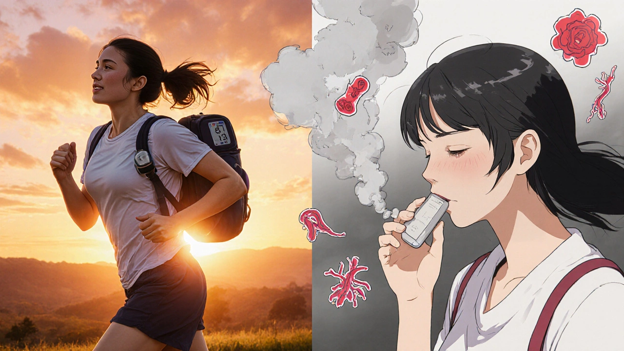 Split scene: healthy woman jogging with statins and blood pressure monitor vs. past self taking aspirin.