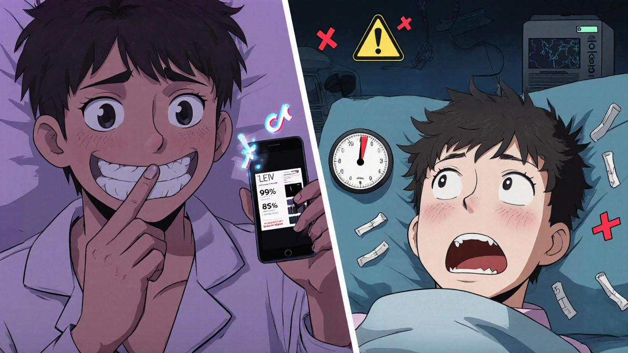 Split scene: influencer taping lips vs. same person waking up gasping with falling oxygen levels.