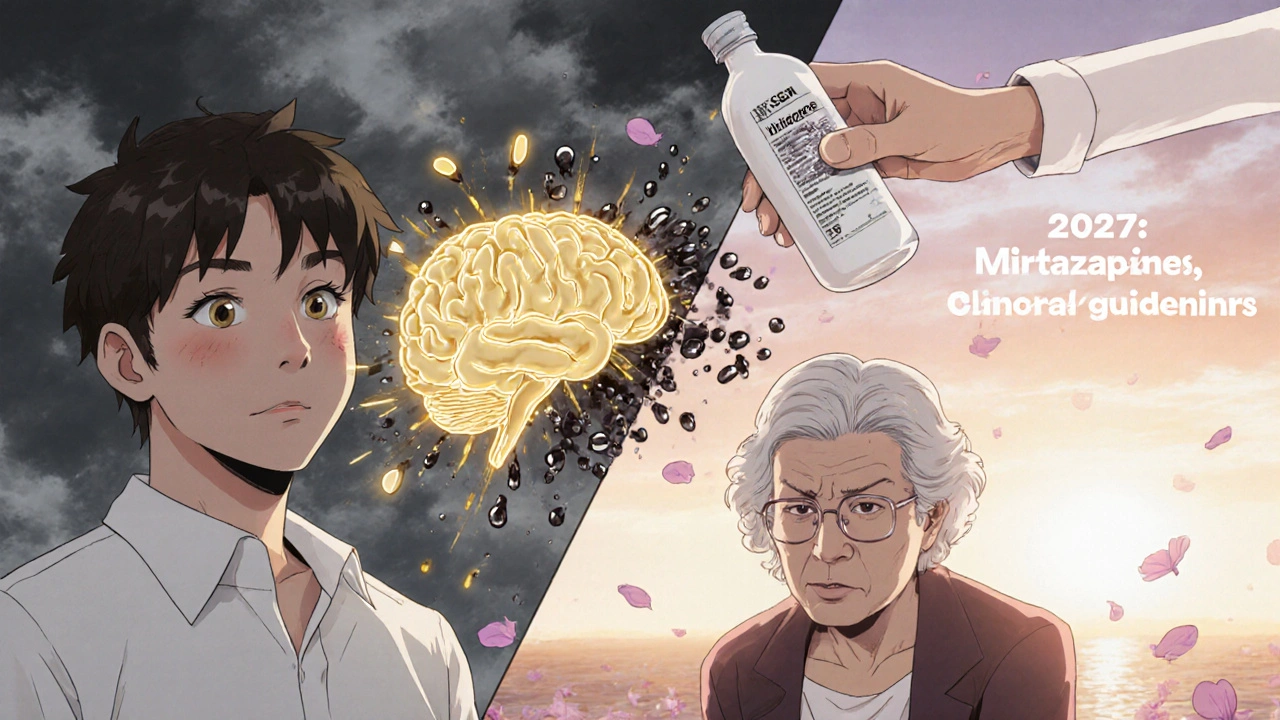 Split scene: young patient benefiting from SSRIs vs. elderly woman with brain swelling, replaced by mirtazapine pill as sunrise appears.