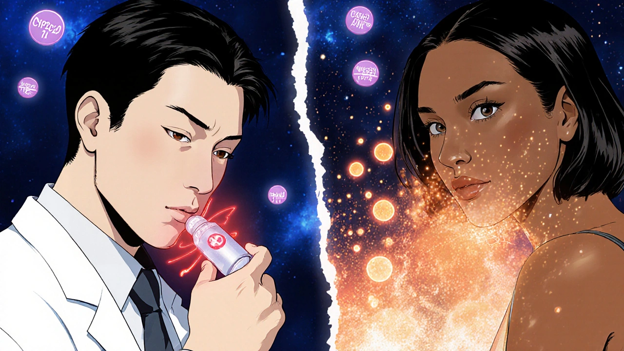 Two people taking medication with glowing gene warnings above them — one East Asian, one of African descent.