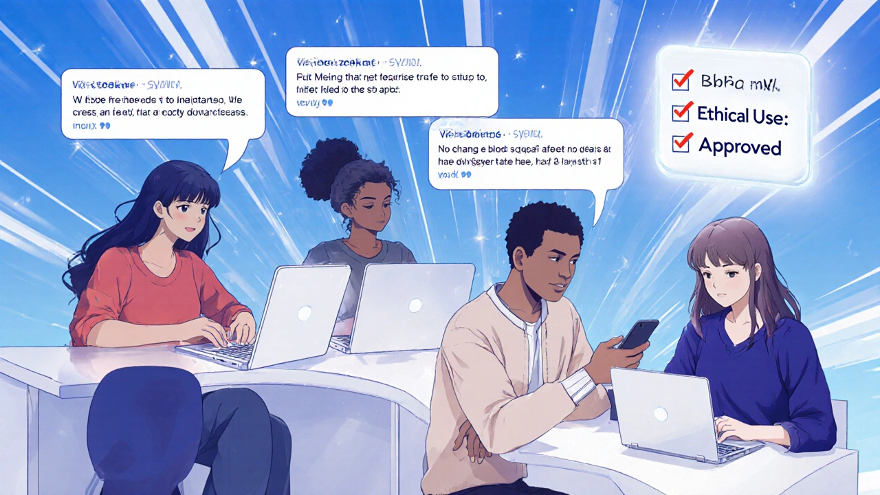 Users type honest feedback about medication samples, with thought bubbles showing detailed reviews.