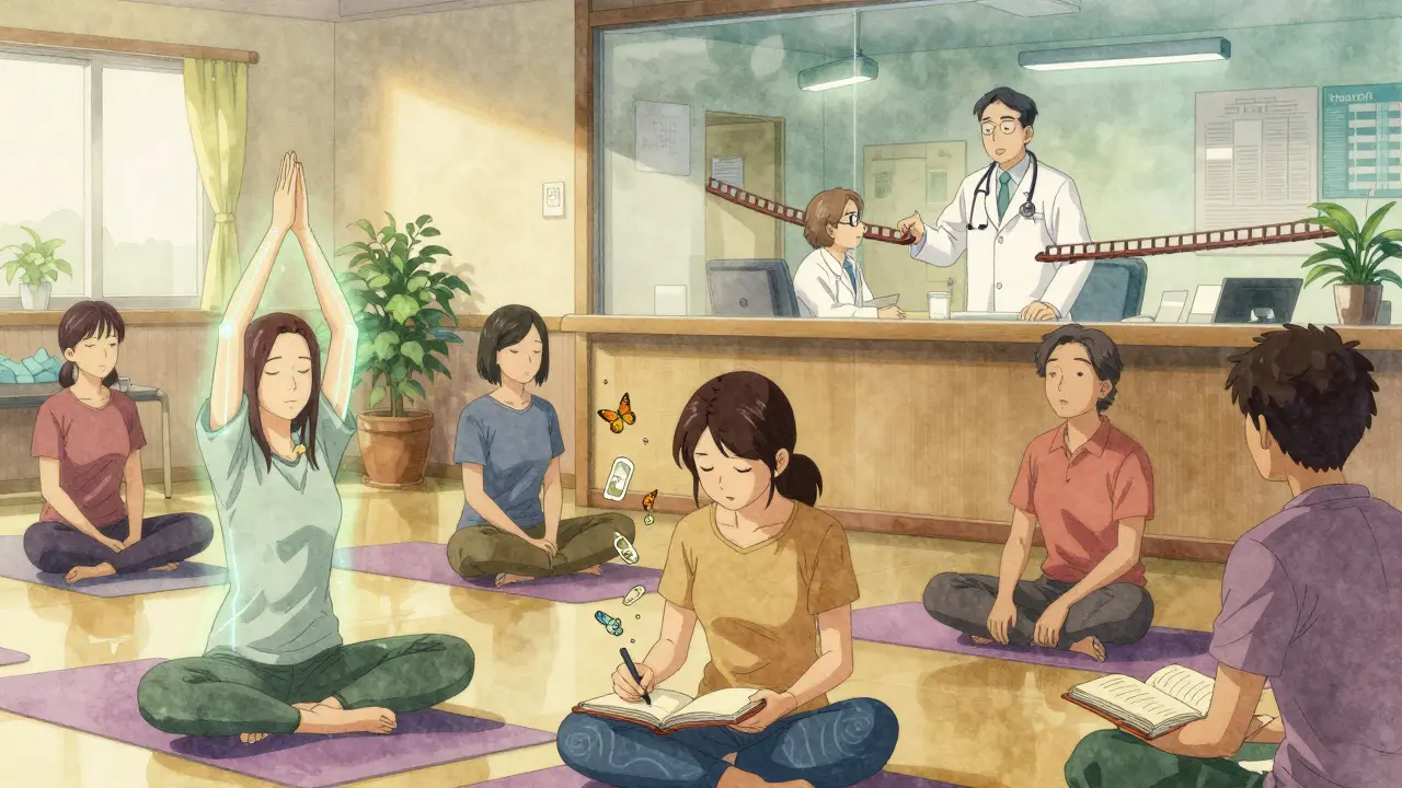 A diverse group of survivors in rehab, connected by glowing lines and floating symbols of recovery and support.