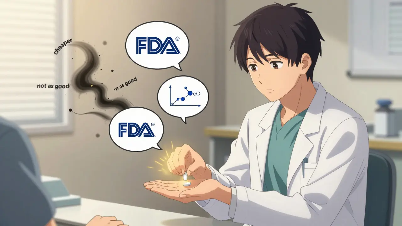 A doctor giving a generic pill to a patient, with positive symbols and light dispelling negative shadows.