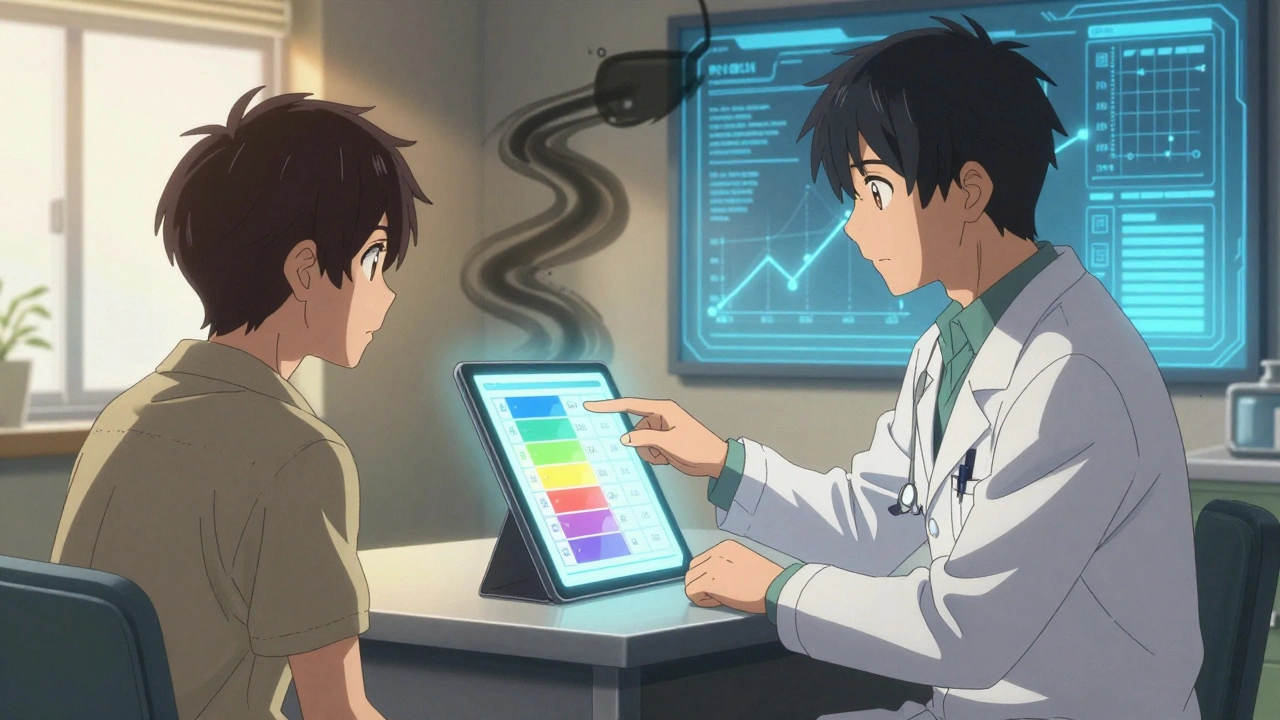 A doctor shows a patient a color-coded formulary chart on a tablet during a clinic visit.