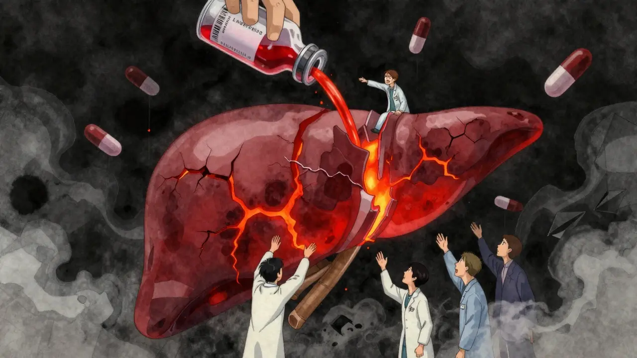 A glowing, damaged liver floats in darkness as pills fall and a vial of glutathione empties.