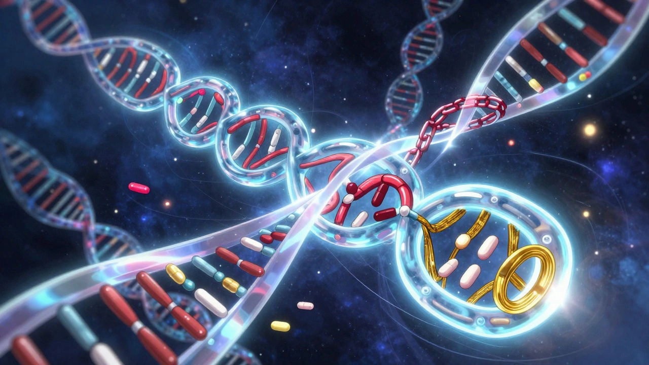 A glowing ribosome frozen by chain-like antibiotics, with mRNA ribbons and floating amino acids in a cosmic setting.