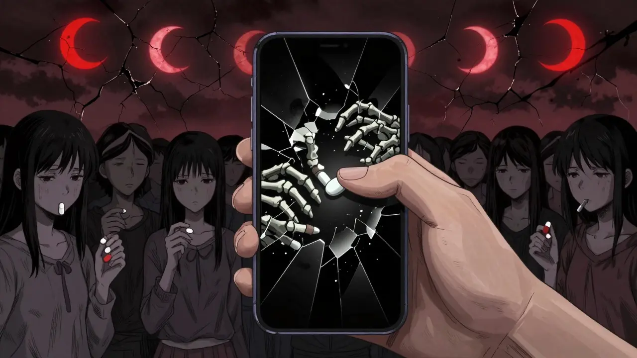 A hand reaching for a pill from a smartphone screen that cracks into skeletal hands.