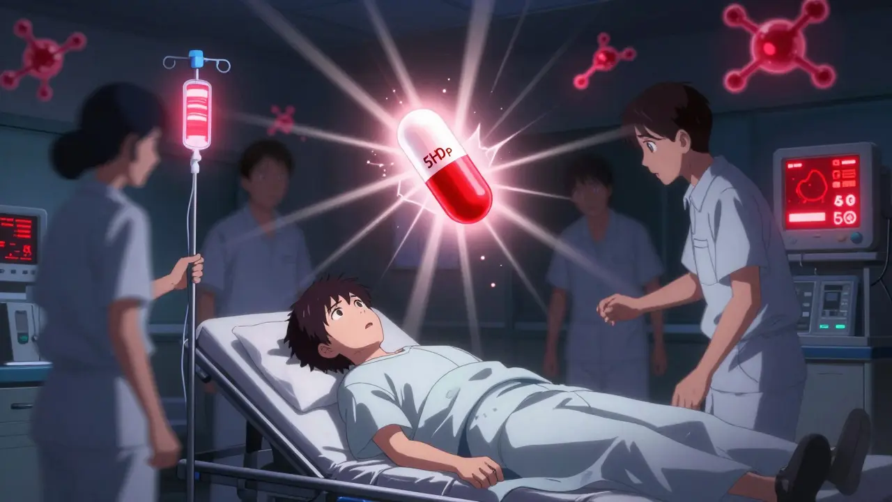 A patient in an ER with rigid muscles and glowing monitors, a floating 5-HTP capsule radiating danger in anime style.