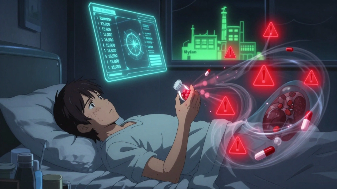 A patient surrounded by side effects and digital contamination alerts at night.