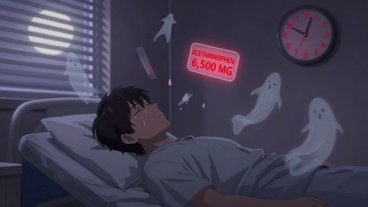 A person lies in a hospital bed surrounded by floating medication labels, the time ticking toward danger.