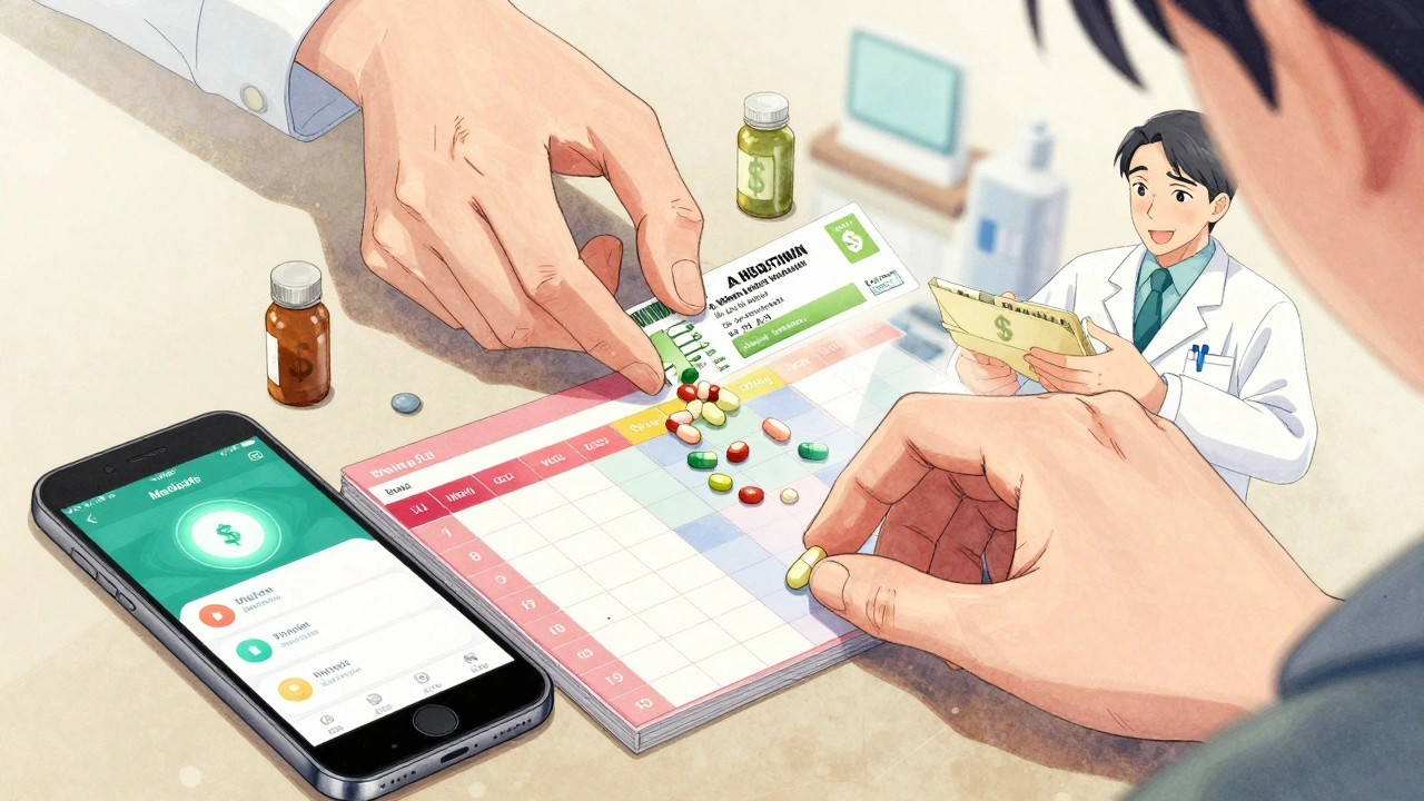 A person uses a pill organizer and phone app to track medication with supportive visuals.
