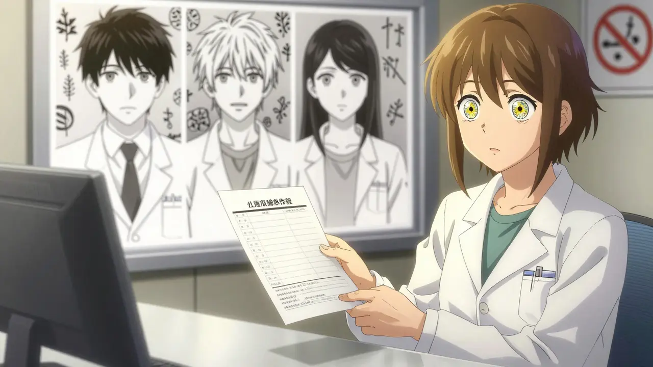 A pharmacist gives a warning report as three tragic outcomes appear in shadow behind them.