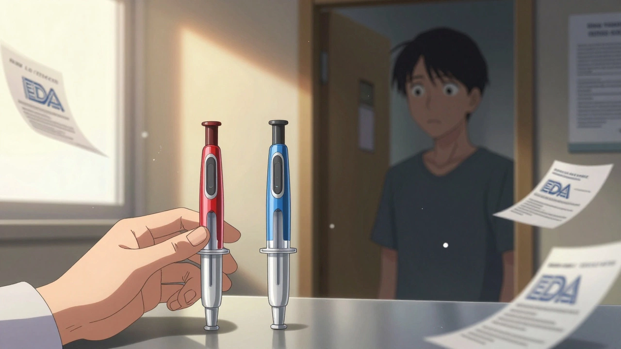 A pharmacist placing generic and brand antibiotic injector pens side by side.