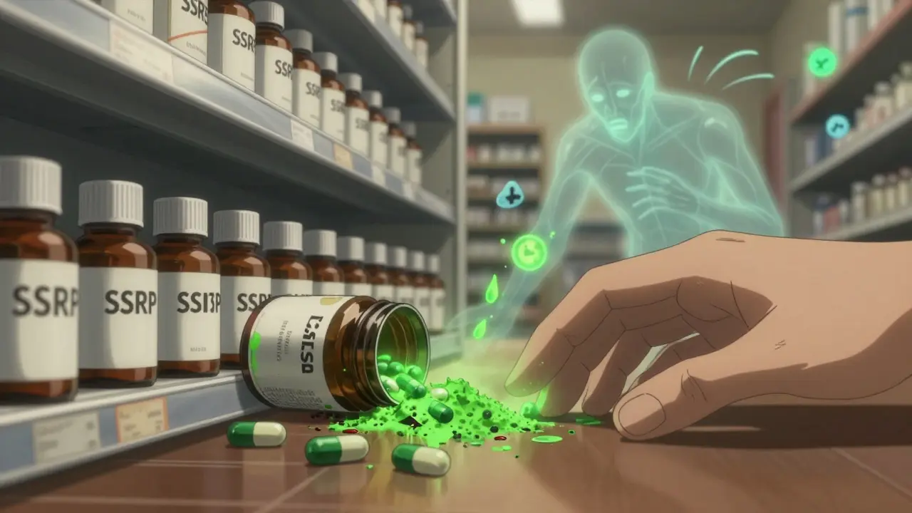 A pharmacy shelf with SSRIs beside spilled 5-HTP capsules leaking toxic green powder, one capsule cracked open.