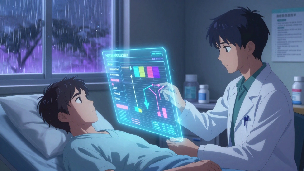 A psychiatrist reviewing a holographic genetic report beside a patient in a hospital room.