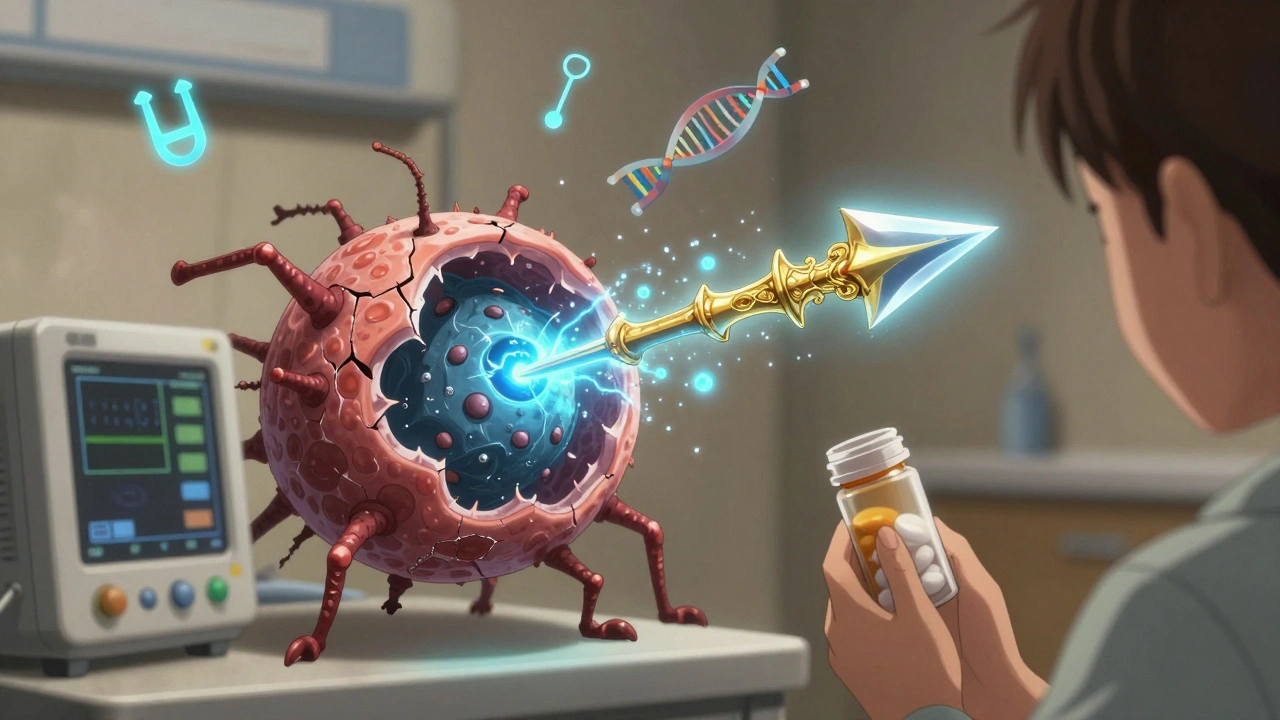 A superbug being infiltrated by an iron-mimicking antibiotic, with vancomycin and DNA scissors in the background.