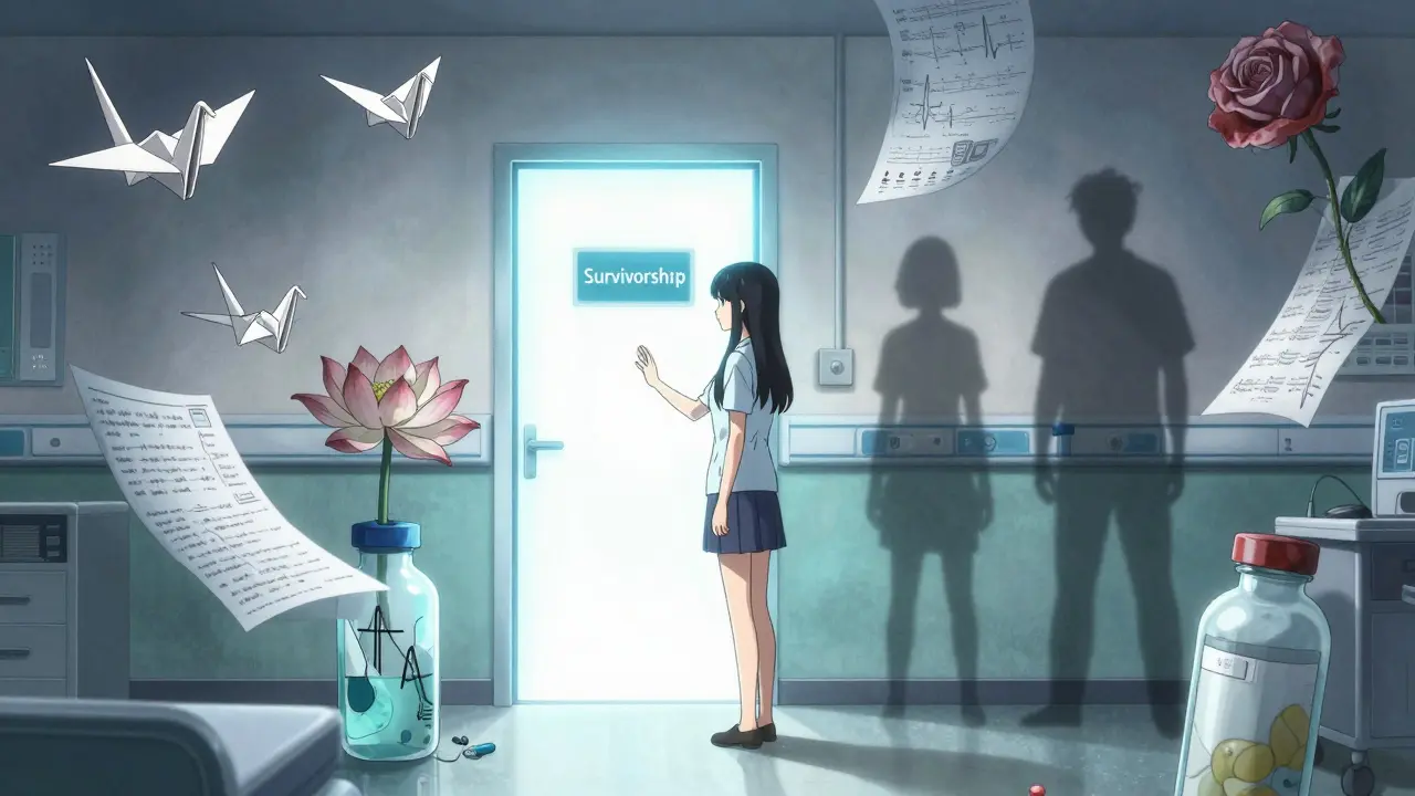 A surreal hospital room transforms into symbolic imagery of healing, with a woman reaching toward a glowing door.