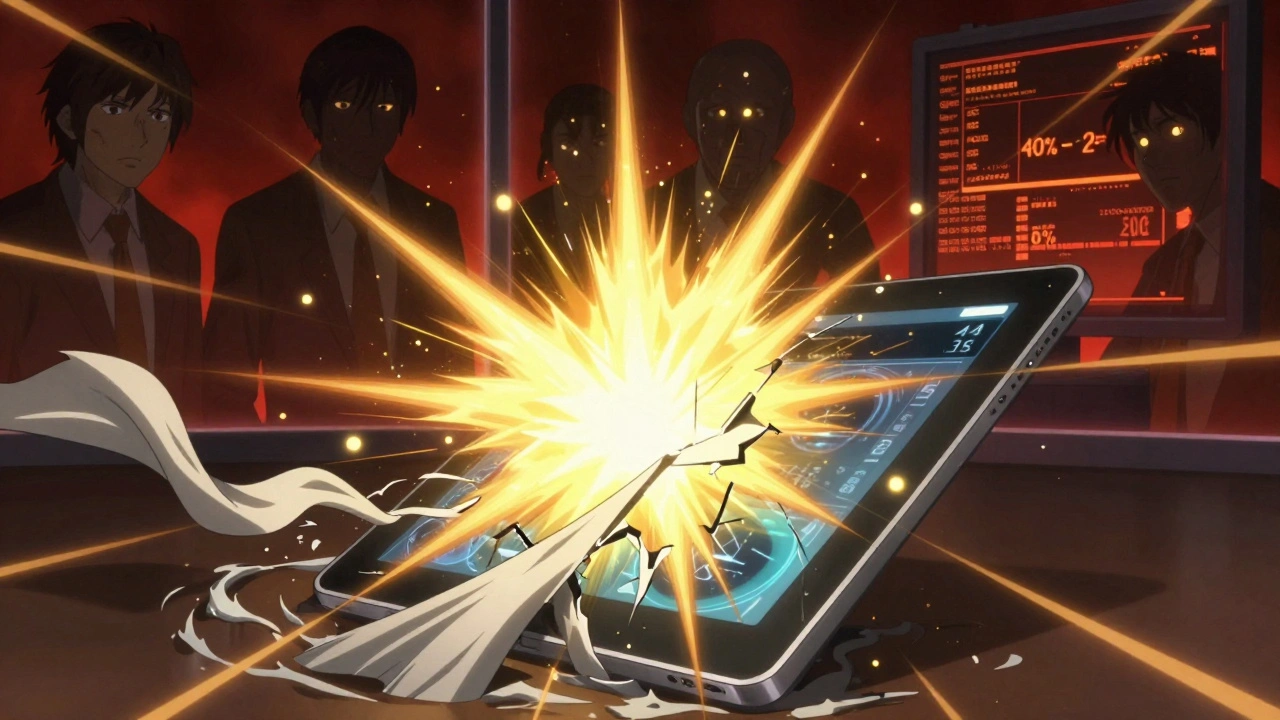 A time-release tablet explodes in alcohol solution, golden particles bursting as regulators watch in the background.