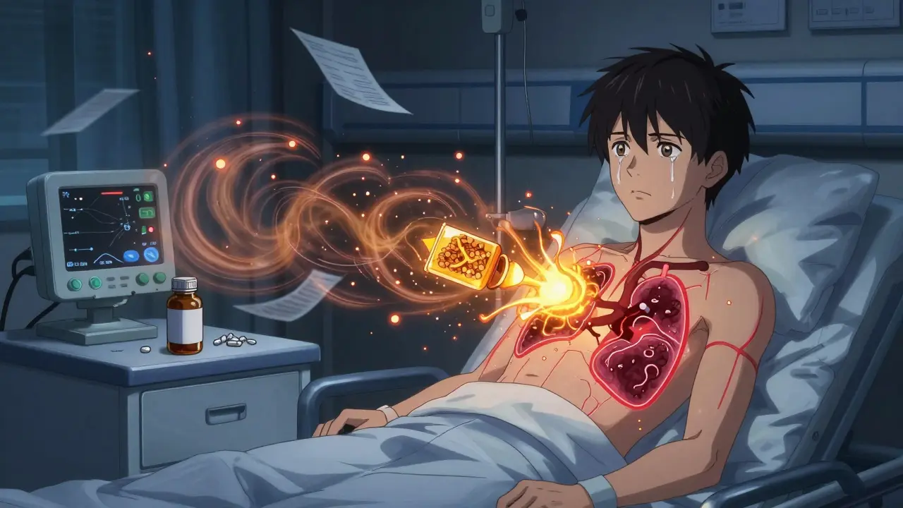 A transplant patient surrounded by glowing particles draining energy from their organ.