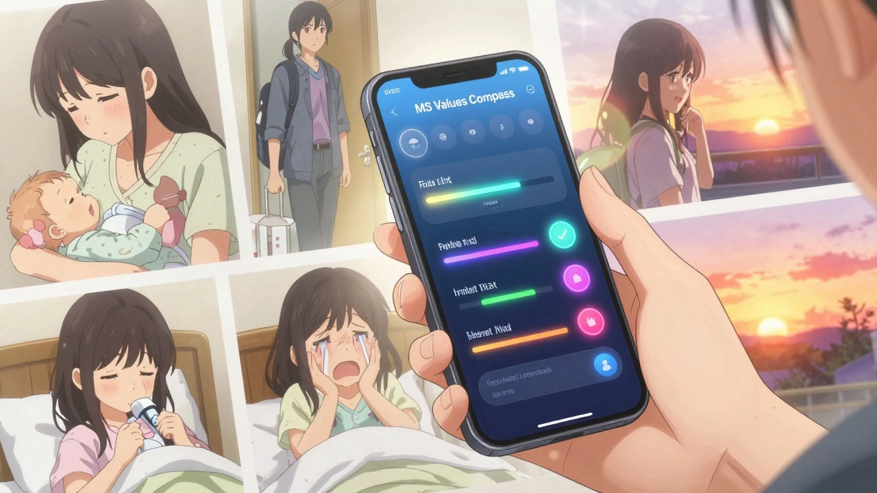 A woman uses a smartphone app with stylized sliders to rank personal values like sleep, family, and injection avoidance, surrounded by memory-like scenes of her daily life.