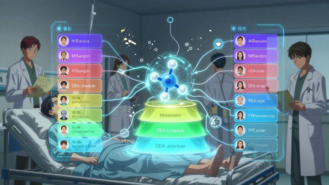 AI system connecting drug classification layers around a metformin molecule in a hospital setting.