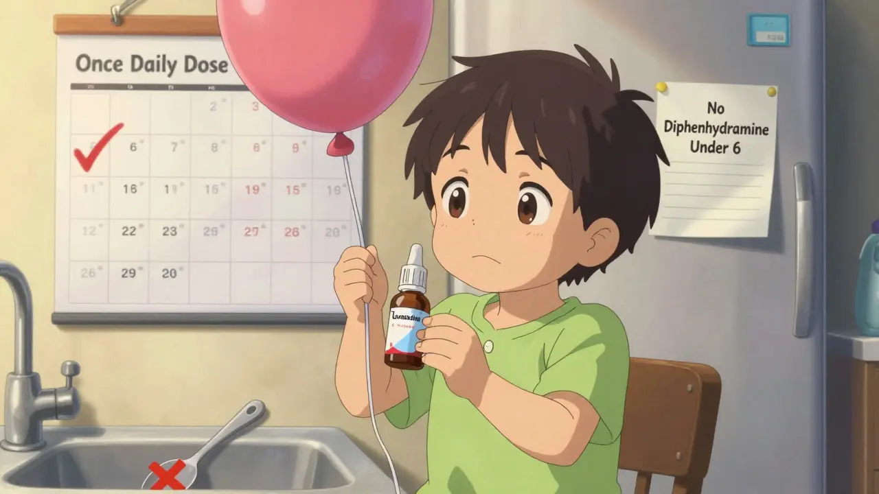 Child taking daily loratadine safely, kitchen spoon thrown away, calendar marked.