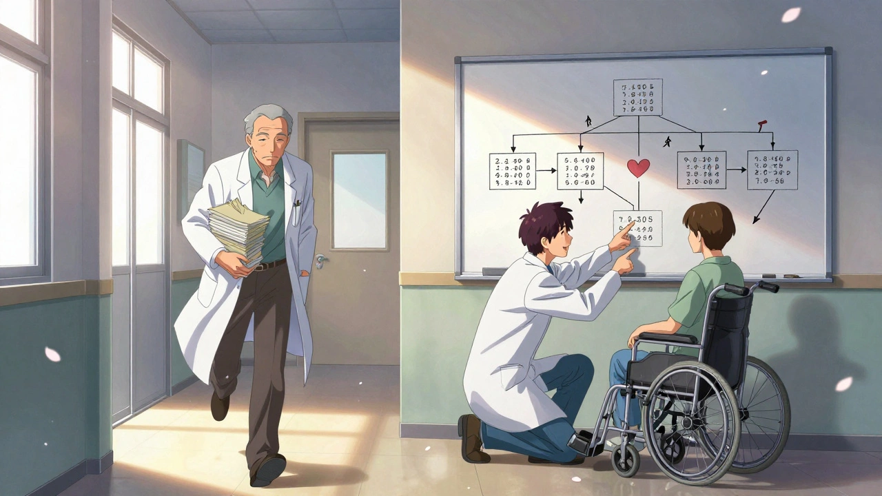 Contrasting clinic scenes: one side shows rushed care, the other a doctor and patient collaboratively reviewing a hand-drawn decision tree with numbers and heart icons in morning light.