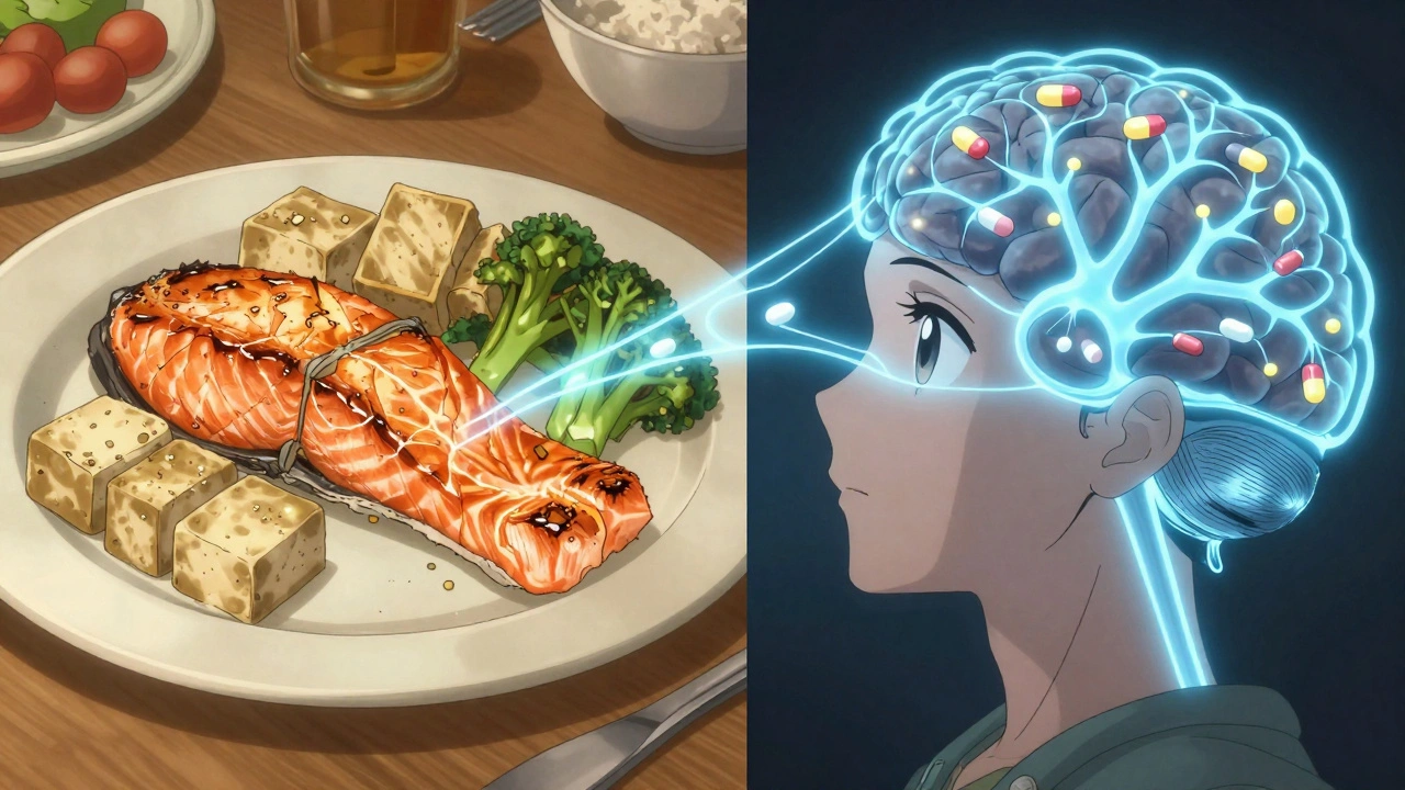 Dinner with salmon and tofu glowing with successful drug absorption in the brain.