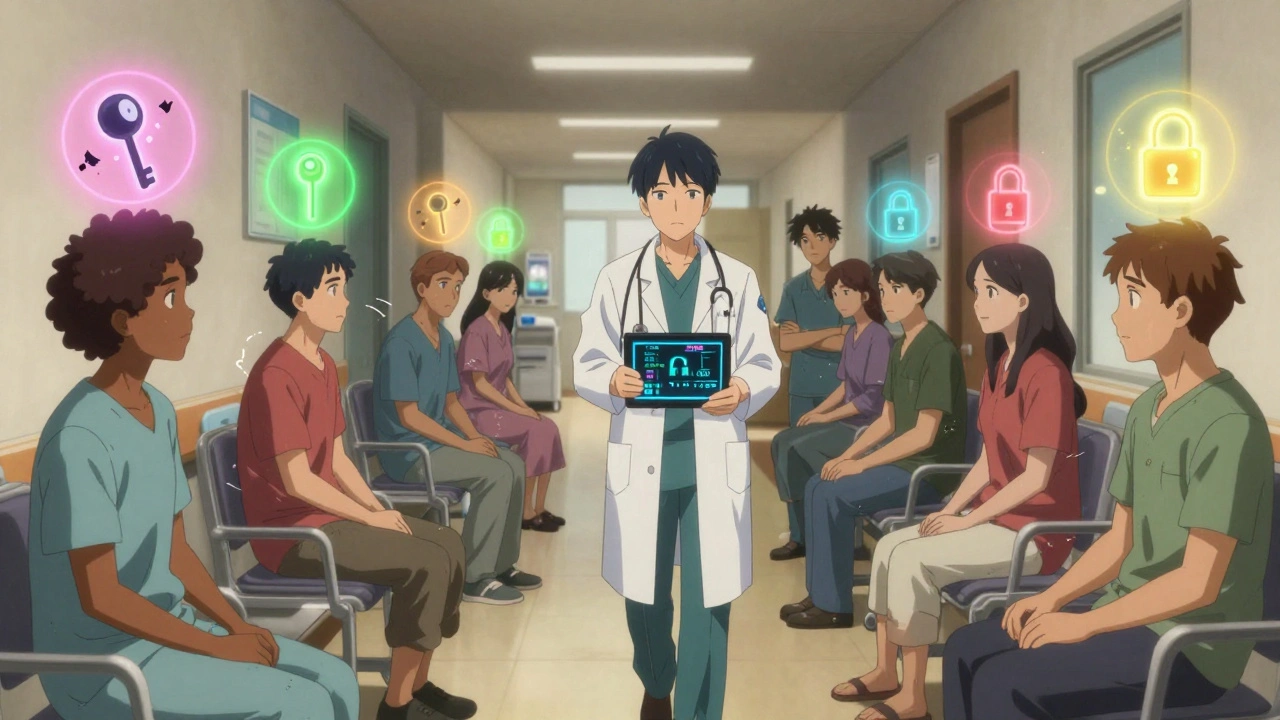 Diverse patients with personalized genetic profiles floating above them in a hospital hallway.