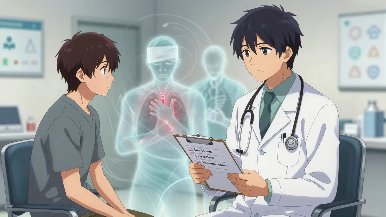 Doctor and patient reviewing risk checklists, with ghostly patient figures fading into medical symbols in anime style.