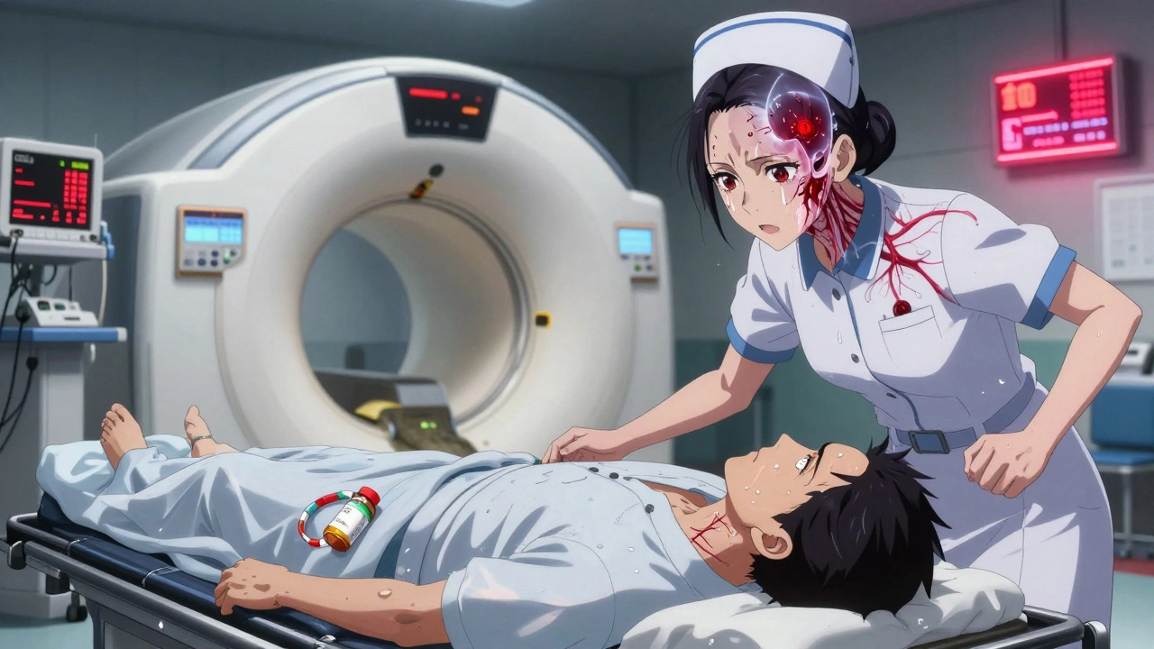 Emergency room staff rushing patient to CT scanner, blood thinner bottle and medical bracelet on gurney.