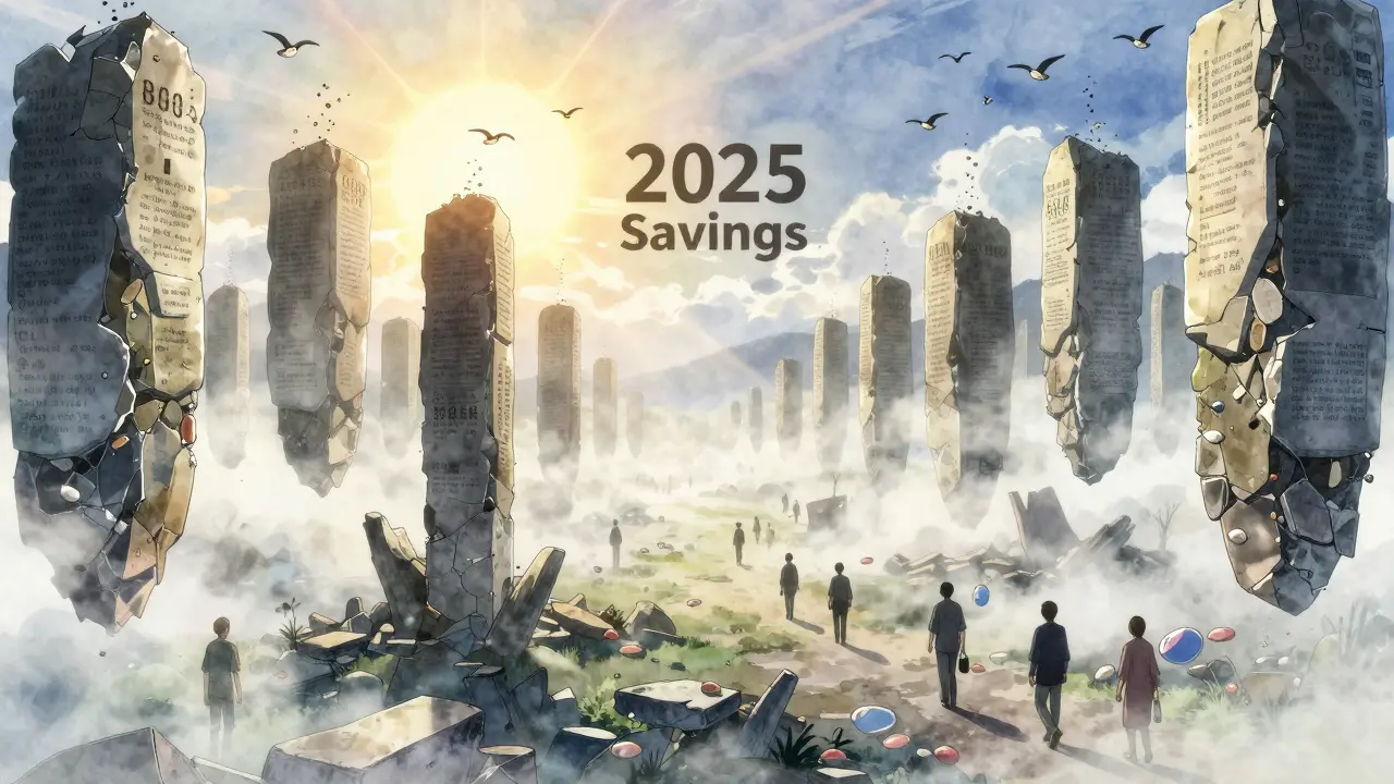 Generic pills rise like birds from crumbling drug patents toward a future of healthcare savings.